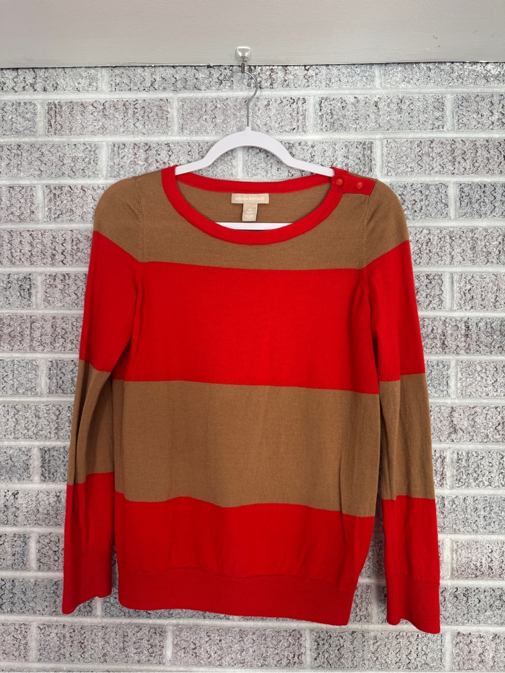 Banana Republic Red and Camel Striped Crewneck Sweater with Shoulder Buttons